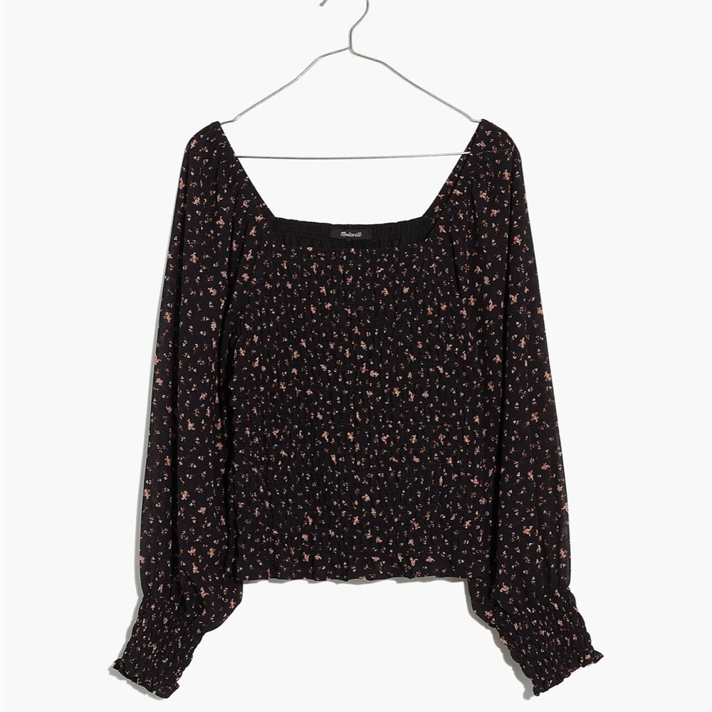 Madewell Georgette Lucie Bubble-Sleeve Smocked Top in Stem Scatter S